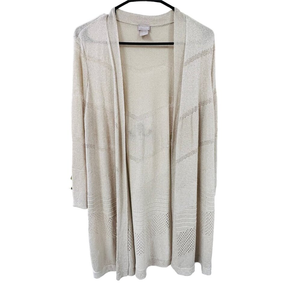 ✌️ 2/$40 ✌️ Chico's Long Gold Shimmer Cardigan with V Pattern sz Petite Small